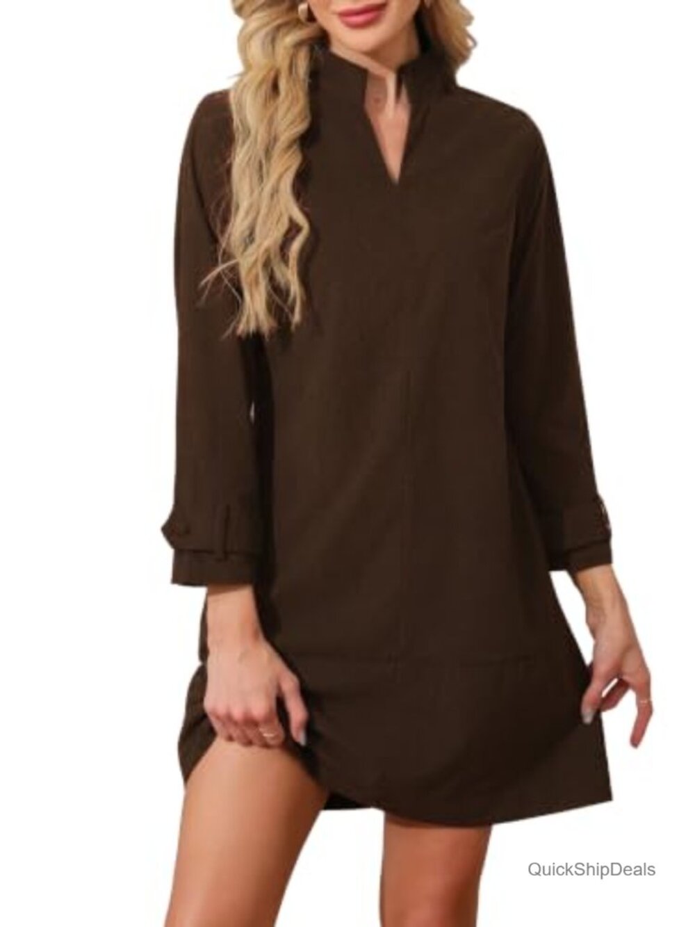 YEXPINE Corduroy Dress V Neck 3/4 Sleeve Shift Mini Fall Casual Work